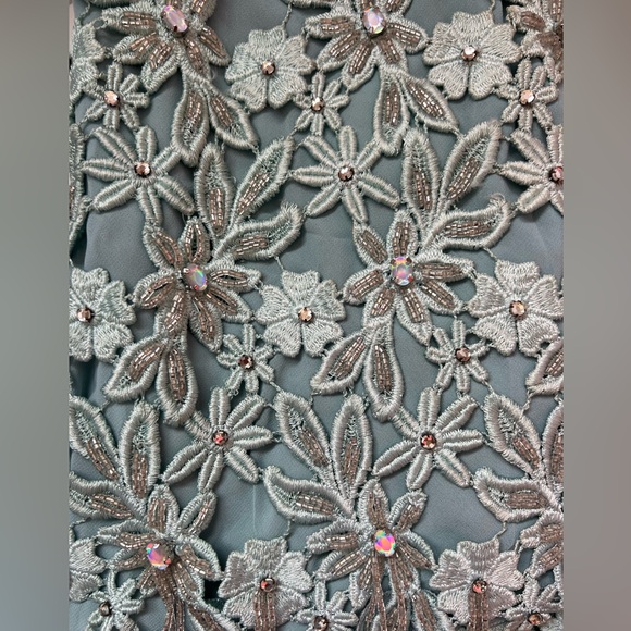 Light Blue Floral Lace Spaghetti Straps Slip Dress with Crystal Beaded Fringe. - Picture 8 of 8